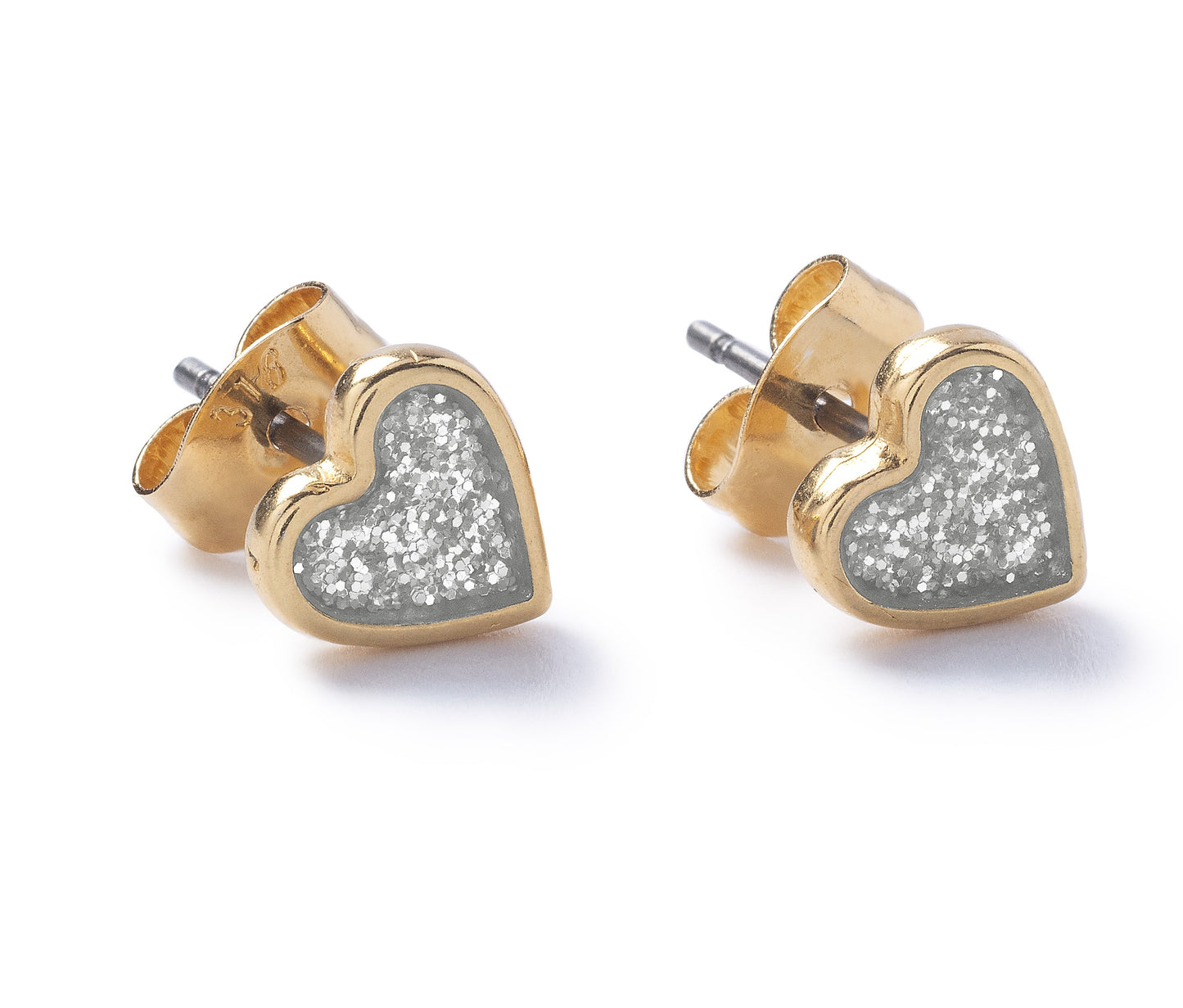 Silver Glitter Heart Stud Gold Plated Earrings by Carrie Elspeth