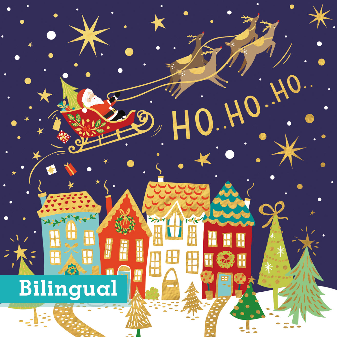 Santa's on his way Christmas cards Pack of 10 Bilingual greeting