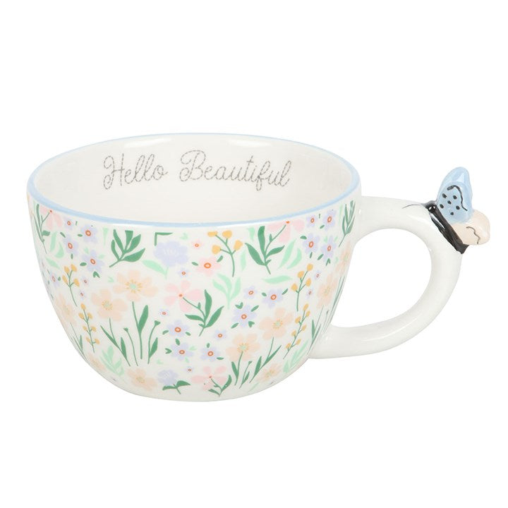 Hello Beautiful Ditsy Floral Print Mug with Butterfly