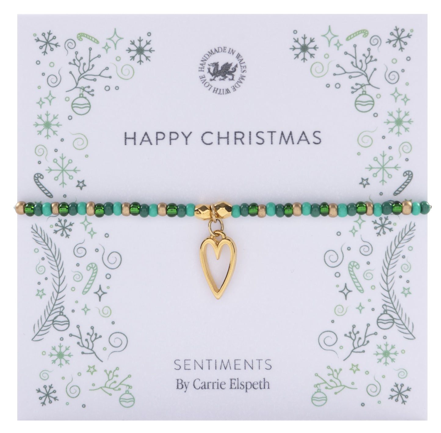 Happy Christmas Beaded Green & Gold Bracelet by Carrie Elspeth