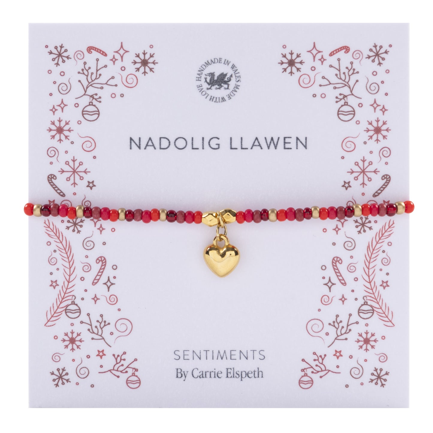Nadolig Llawen - Welsh 'Merry Christmas' Red & Gold Bracelet by Carrie Elspeth