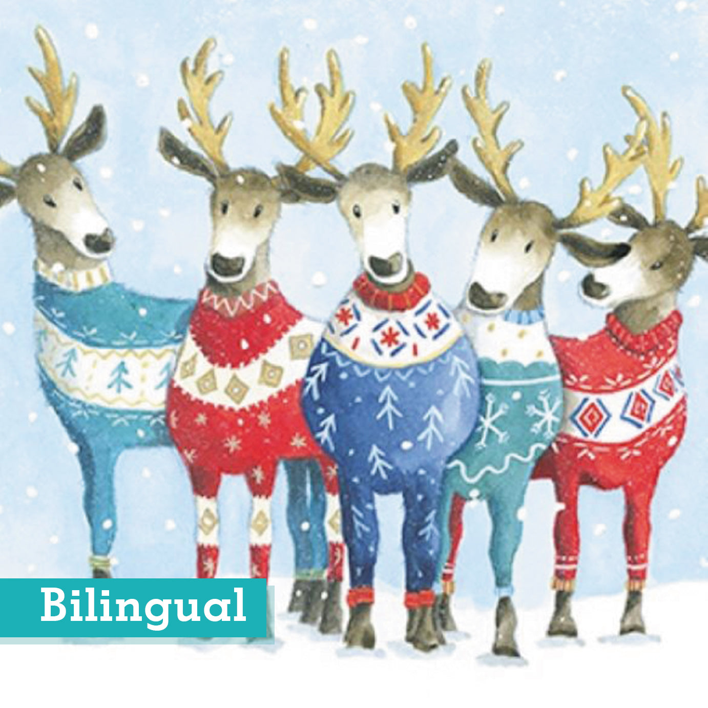 Reindeer Knits  Christmas Cards Bilingual Greeting Pack of 10