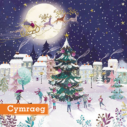 Santa Over the Village  Christmas Cards Welsh Cymraeg Pack of 10