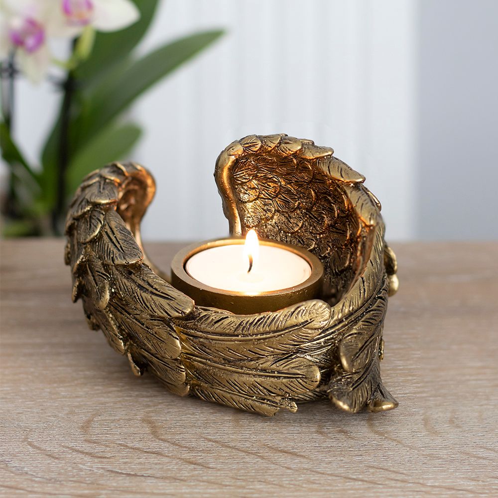Antique Gold Angel Wing Tealight Candle Holder