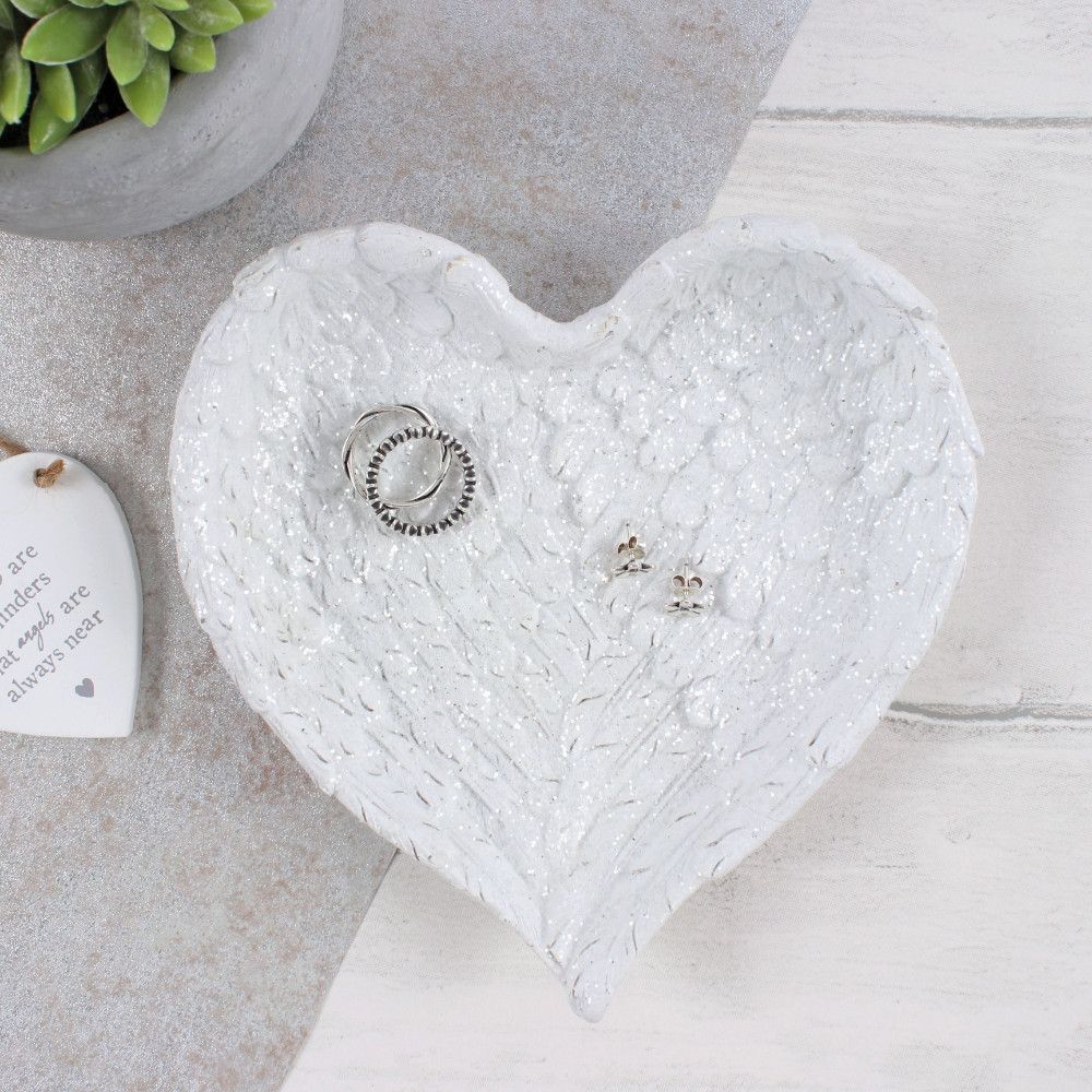 Glitter Heart Shaped Angel Wing Trinket Dish